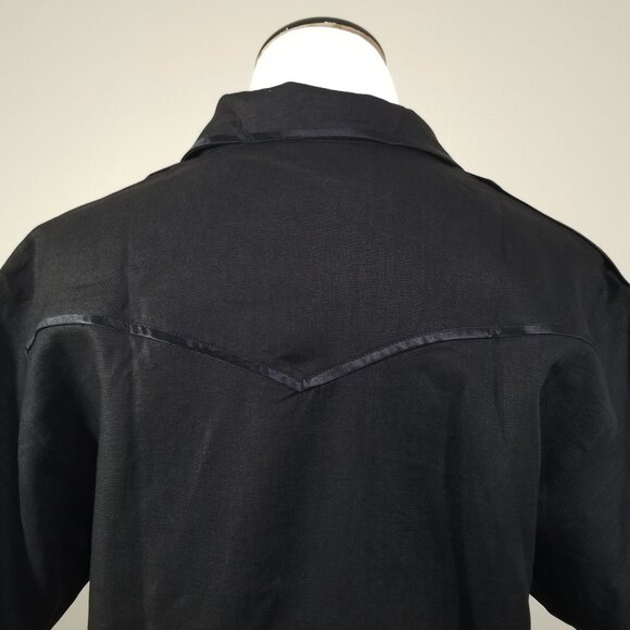 Vintage Bellagio S Black Linen Blouse Short Sleeve Top Western Yoke Satin Trim - Picture 5 of 9